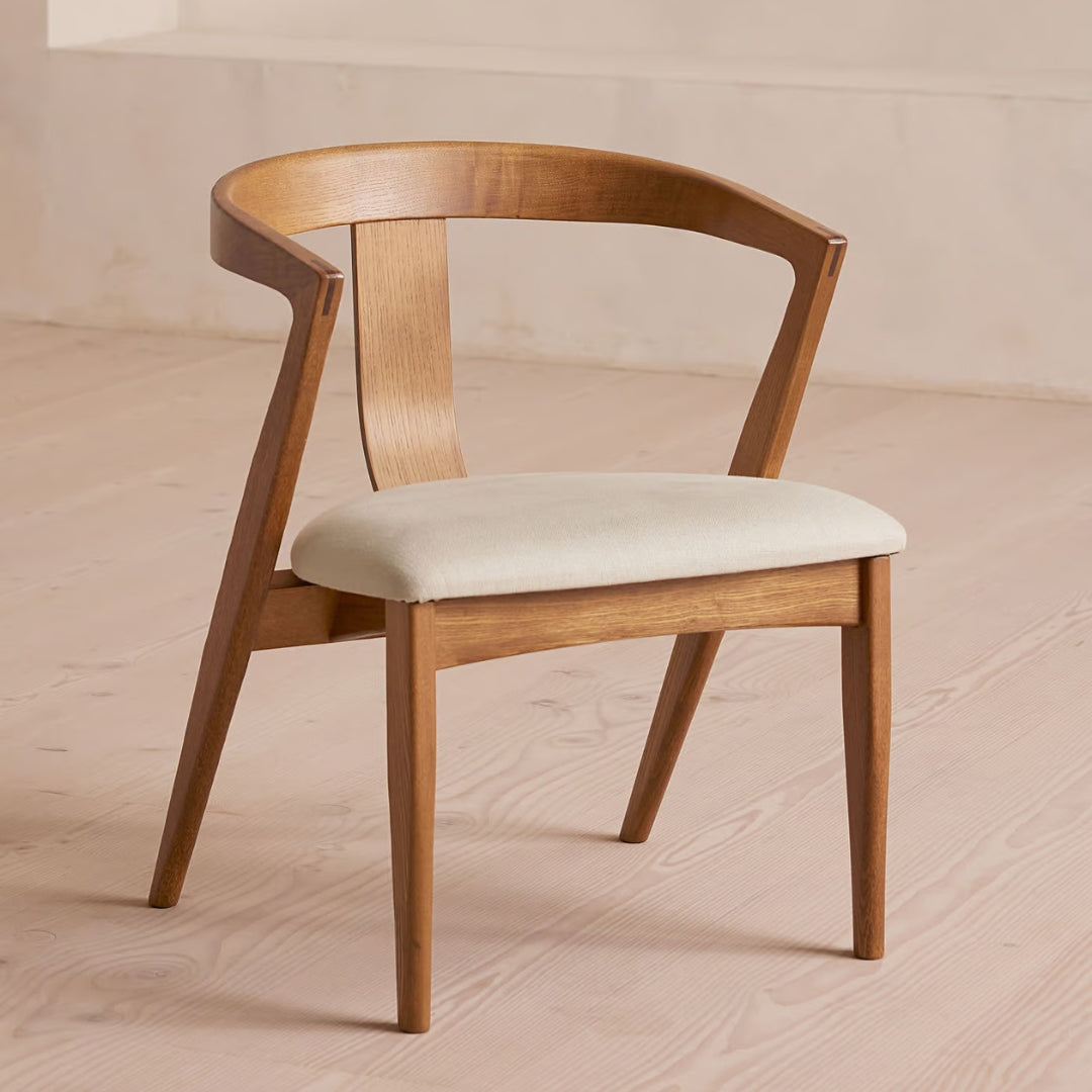 Natural Wood Dining Chair with Beige Upholstery