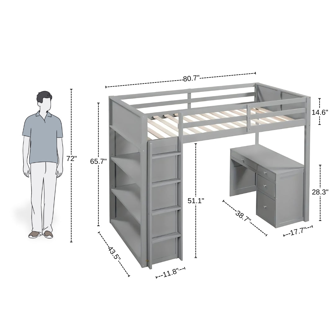 Full Loft Bed for Kids with Desk & Storage