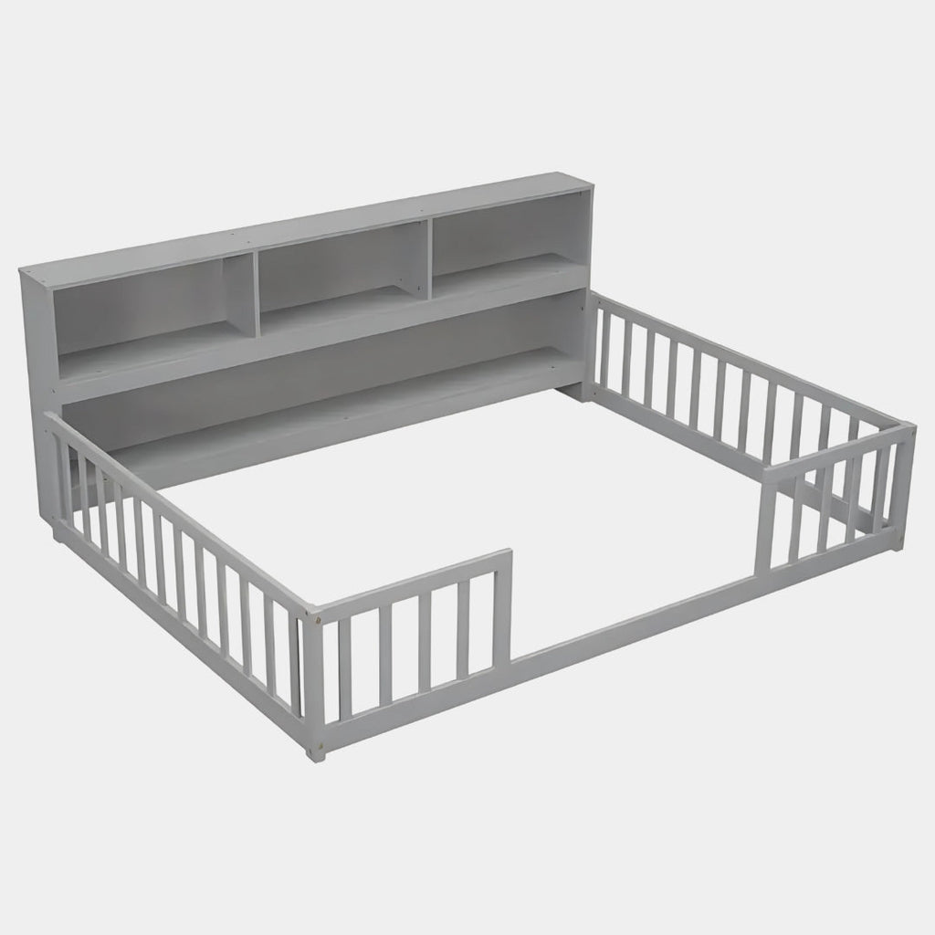 Full Size Floor Bed With Multipurpose Shelves