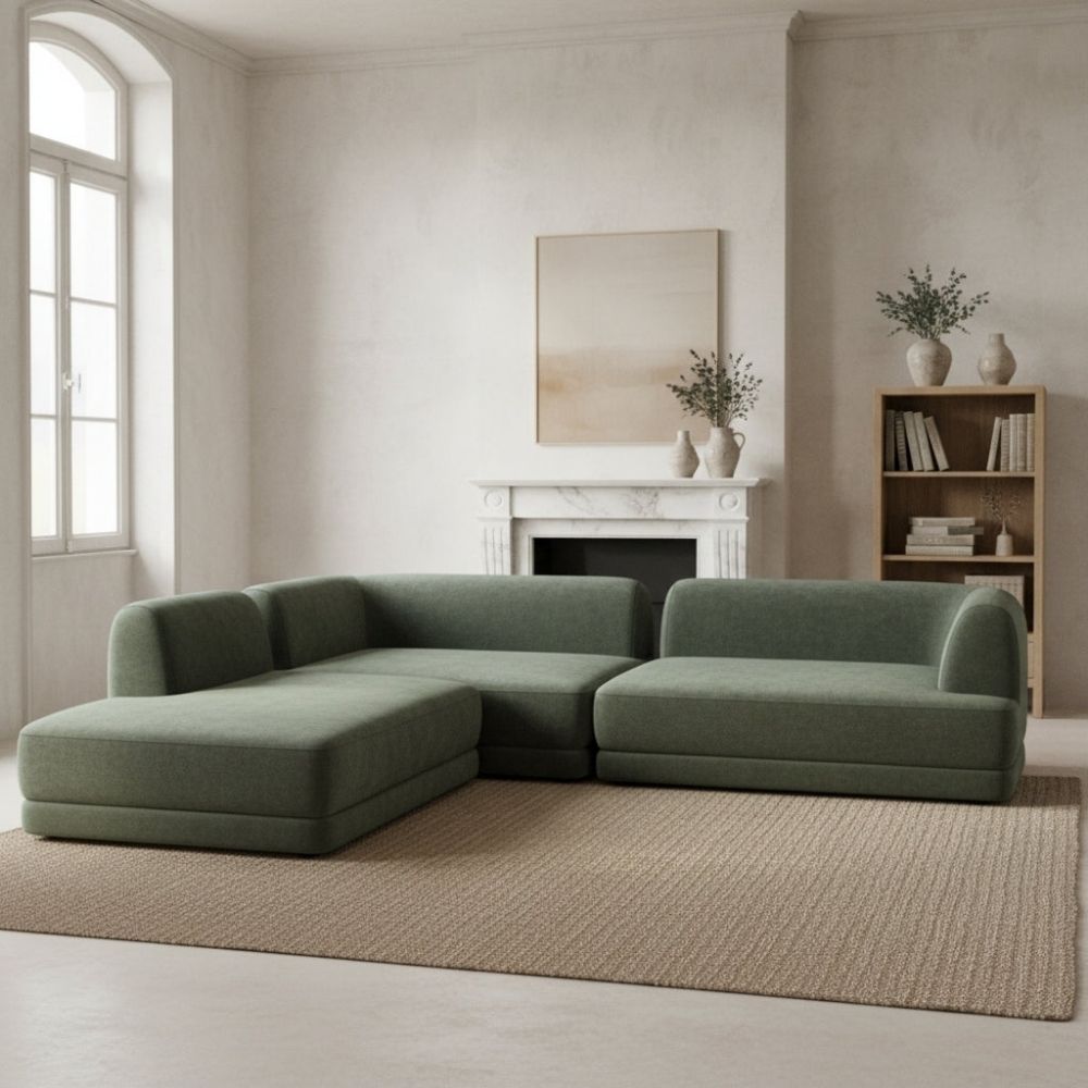 7 Seater Olive Green Upholstered L-Shape Sectional Sofa