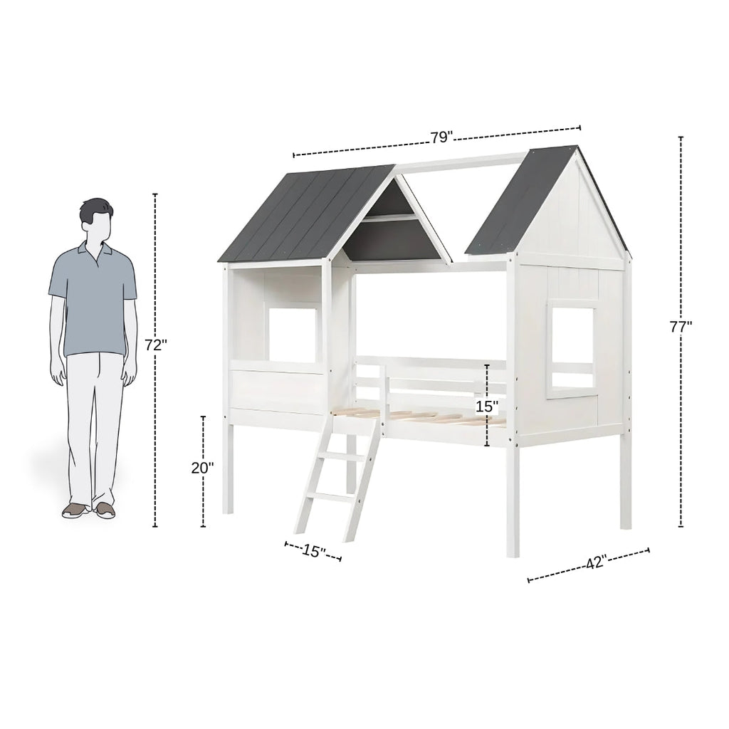 Low Loft Wooden House Bed for Kids