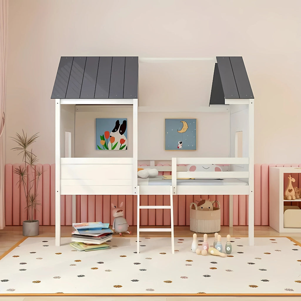 Low Loft Wooden House Bed for Kids