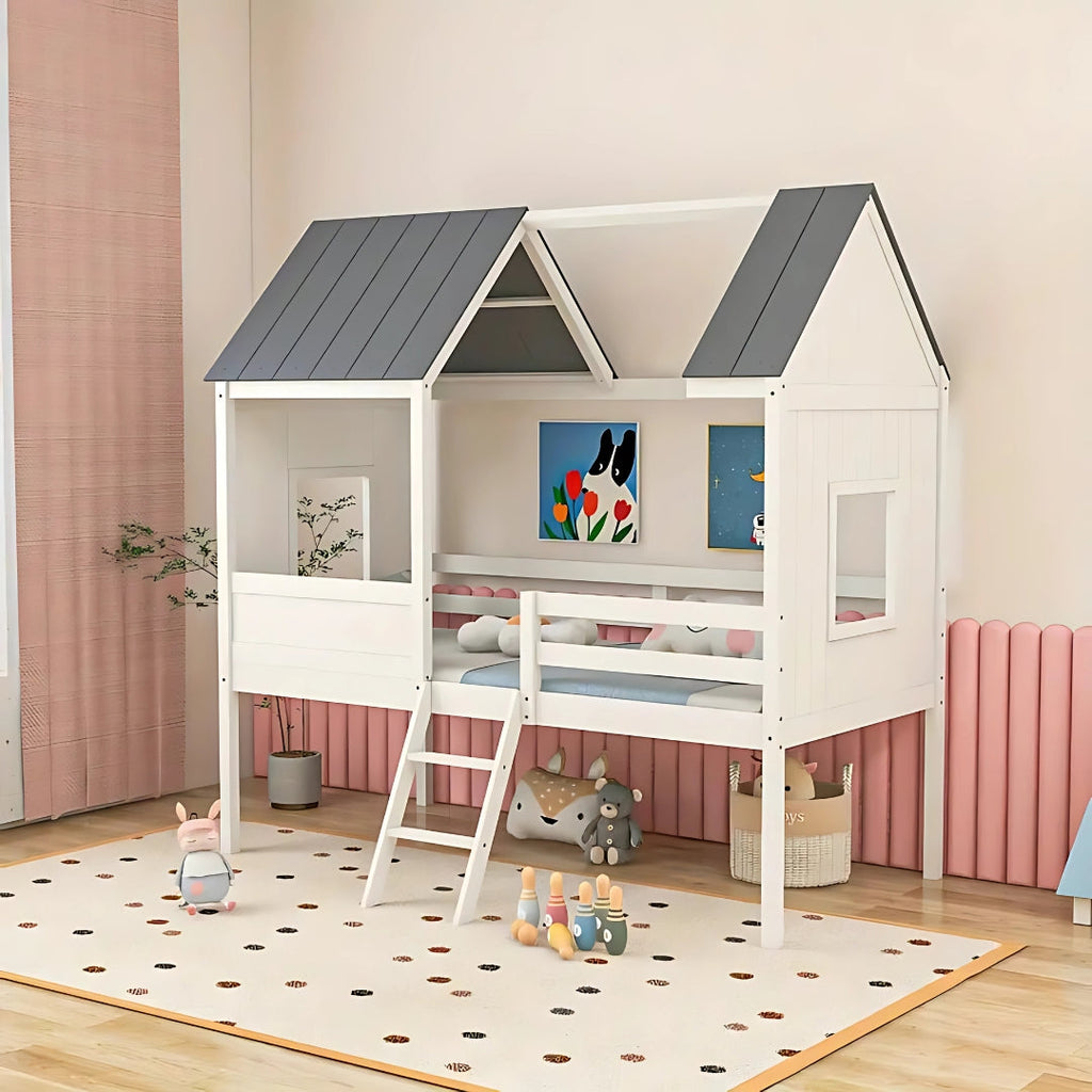 Low Loft Wooden House Bed for Kids