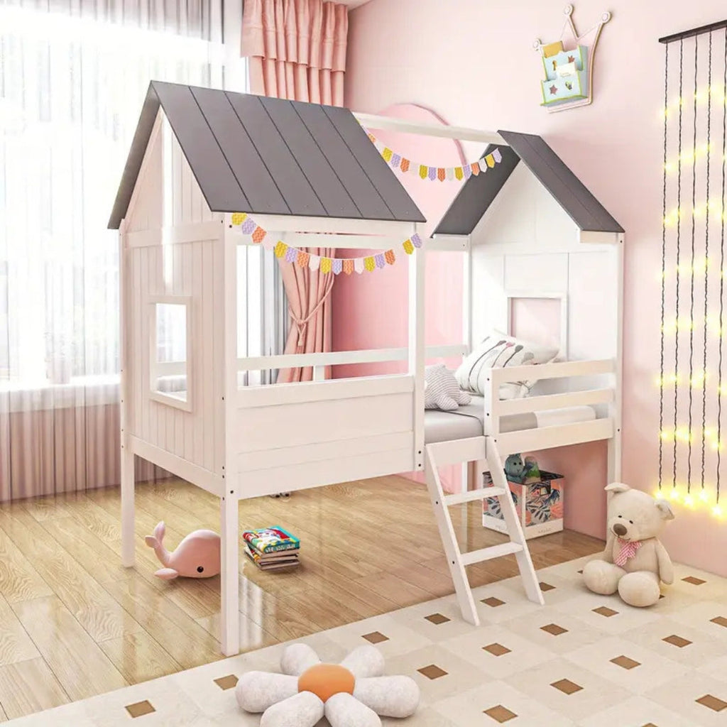 Low Loft Wooden House Bed for Kids