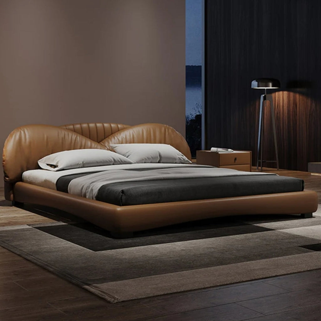 Caramel Luxe Bed with Winged Leather Headboard