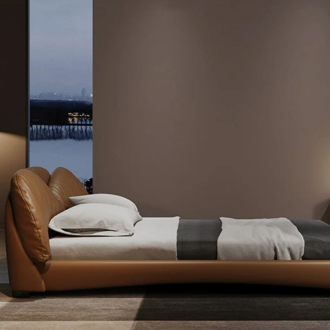 Caramel Luxe Bed with Winged Leather Headboard