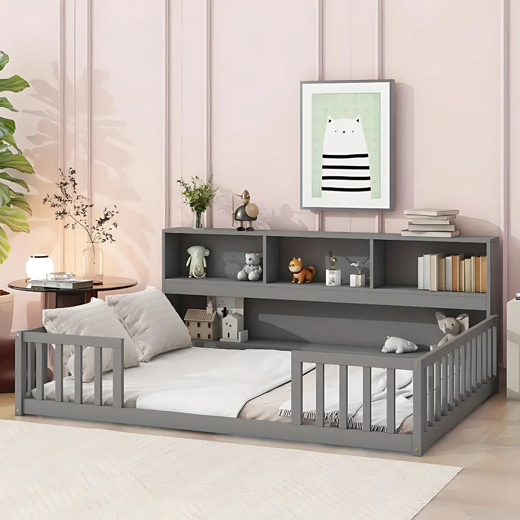 Full Size Floor Bed With Multipurpose Shelves