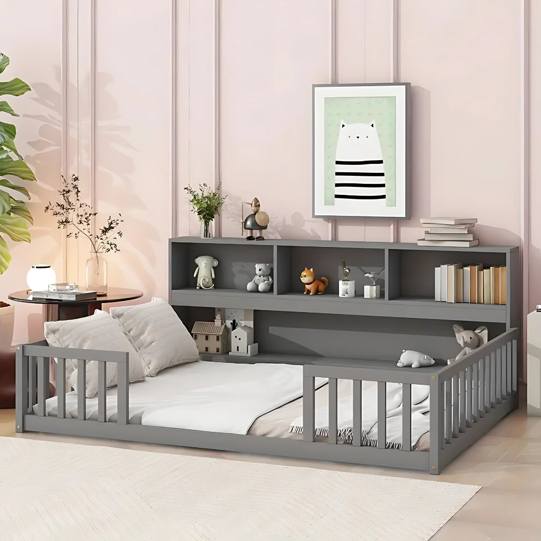 Full Size Floor Bed With Multipurpose Shelves