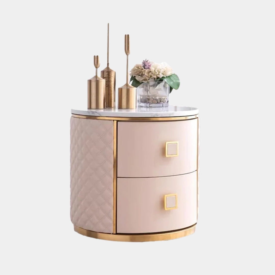 Elegant Blush Round Nightstand with Marble Top