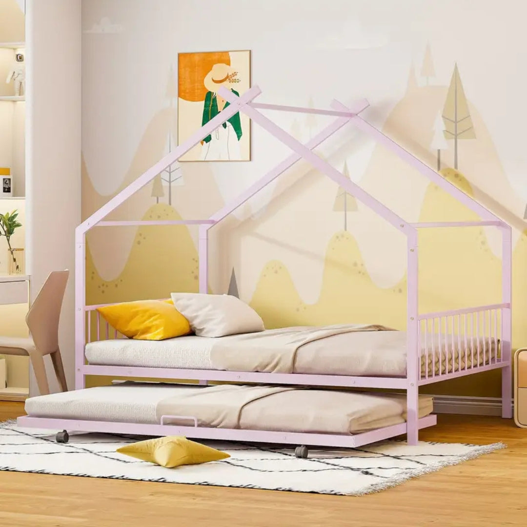 House Frame Kids Bed with Roof Style and Trundle