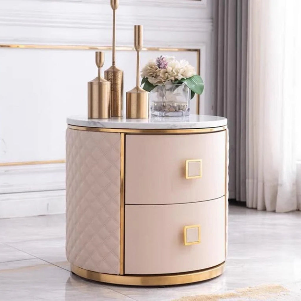 Elegant Blush Round Nightstand with Marble Top