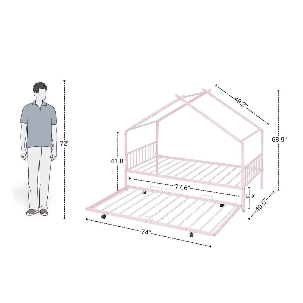 House Frame Kids Bed with Roof Style and Trundle