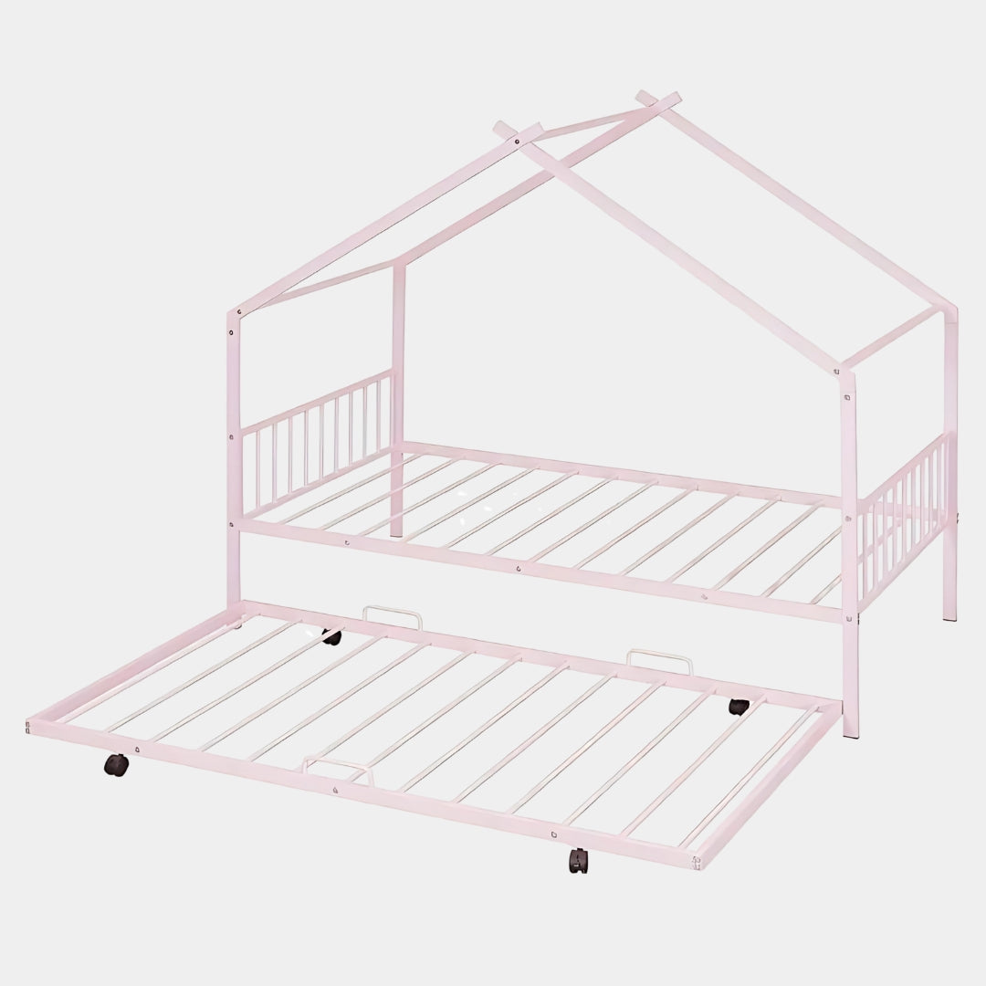 House Frame Kids Bed with Roof Style and Trundle