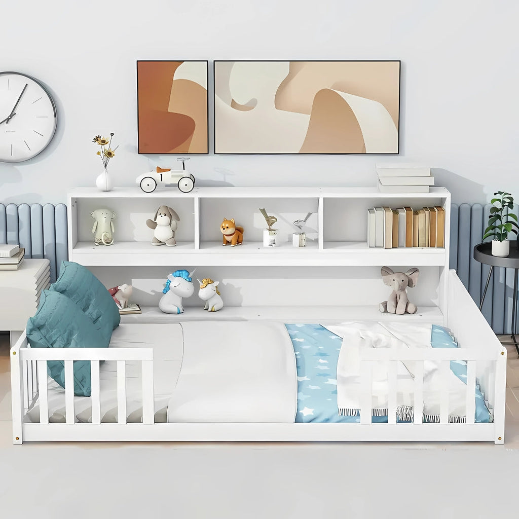 Full Size Floor Bed With Multipurpose Shelves