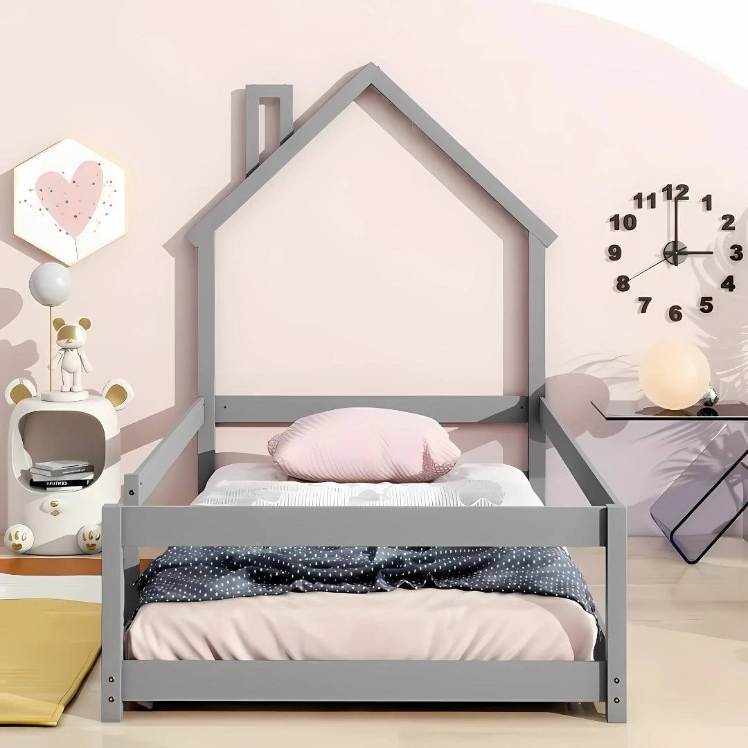 Wooden House Bed for Kids with Protective Rails


