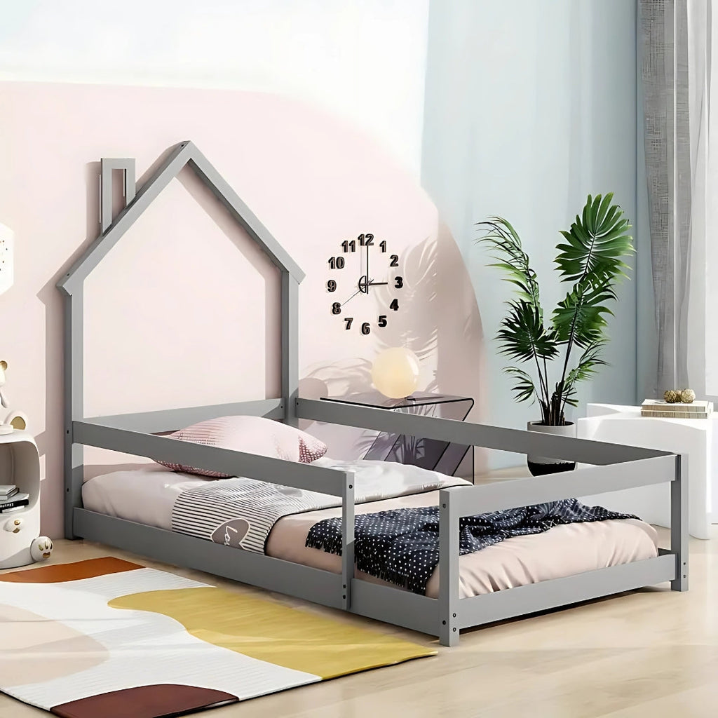 Wooden House Bed for Kids with Protective Rails

