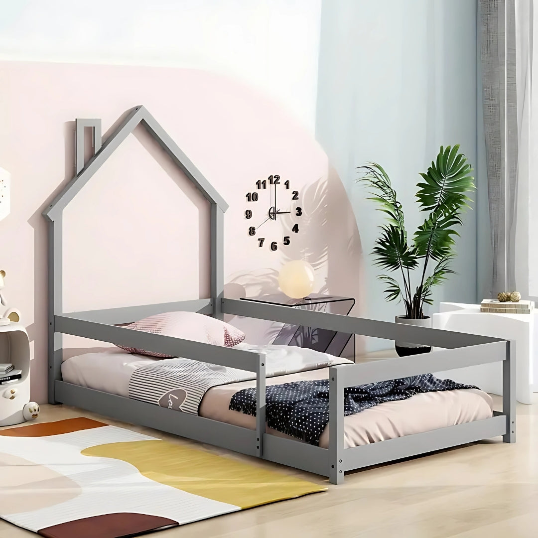 Wooden House Bed for Kids with Protective Rails

