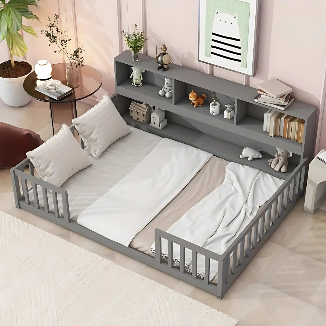 Full Size Floor Bed With Multipurpose Shelves