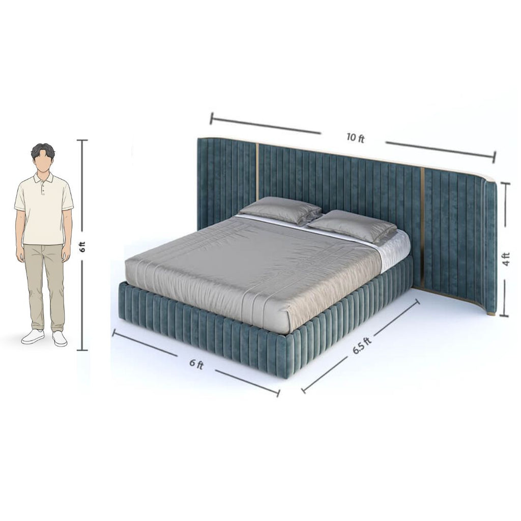 King-Size Navy Bed with Velvet Cushioned Upholstery